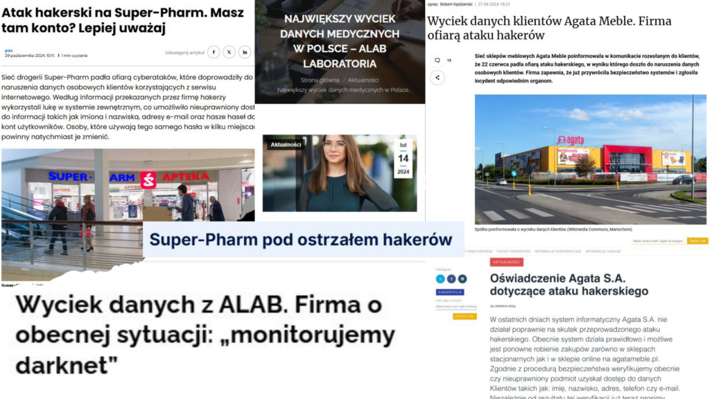 Wycinki artykułów o atakach hakerskich na Alab, Agata Meble i Super-Pharm. 